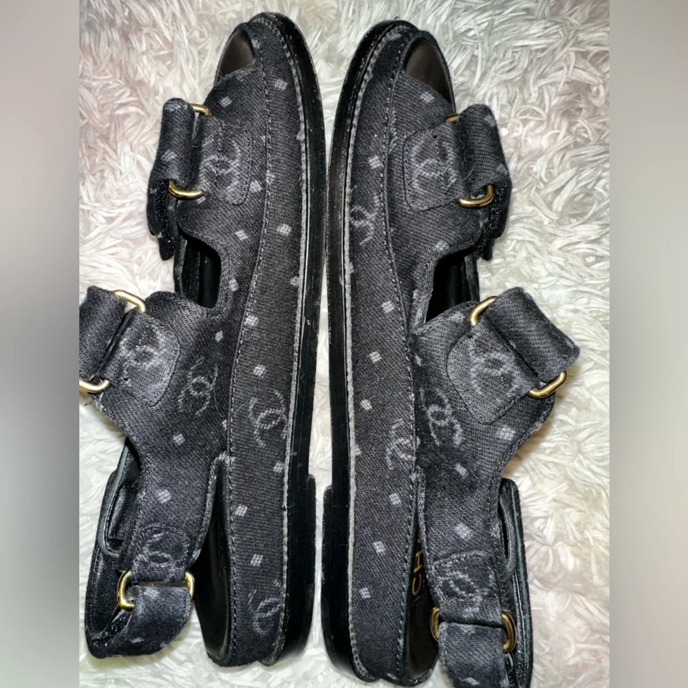 Authentic Chanel CC Logo Slingback Dad Sandals in Black Denim Size 39 - Picture 8 of 16